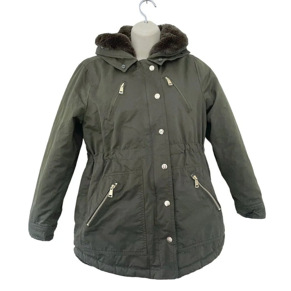 Ann Taylor Loft Woman's Sz XXSP Green w/ Brown Faux Fur-Lining Parka Jacket